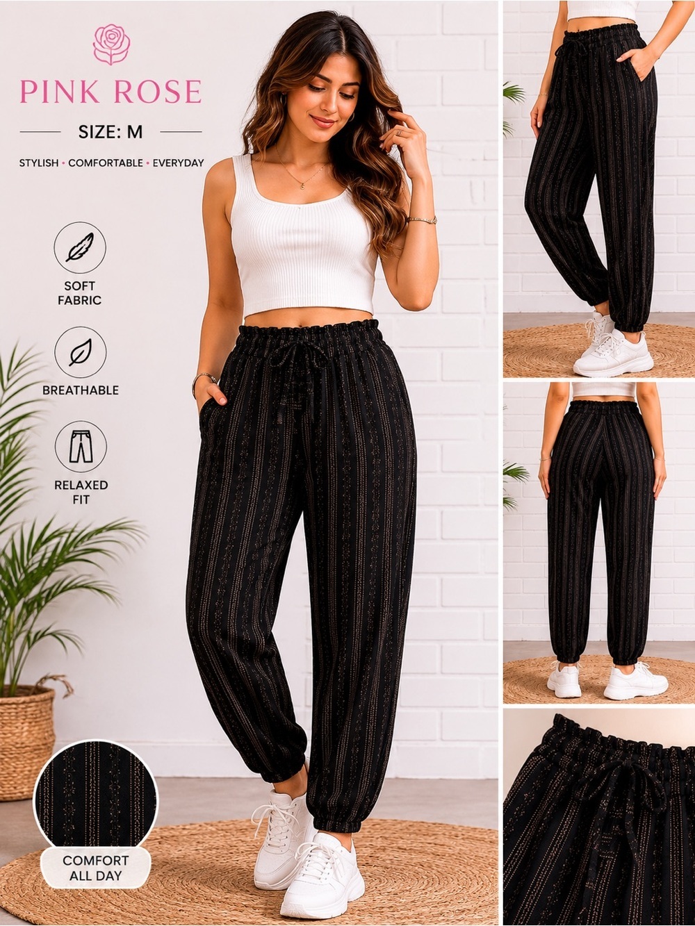 Pink Rose Women’s Black Boho Jogger Pants Size M Elastic Waist Relaxed Fit
